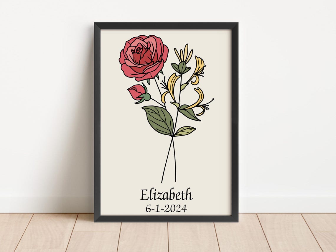 Custom Birth Flower Name Print Rose Honeysuckle Botanical Art Poster