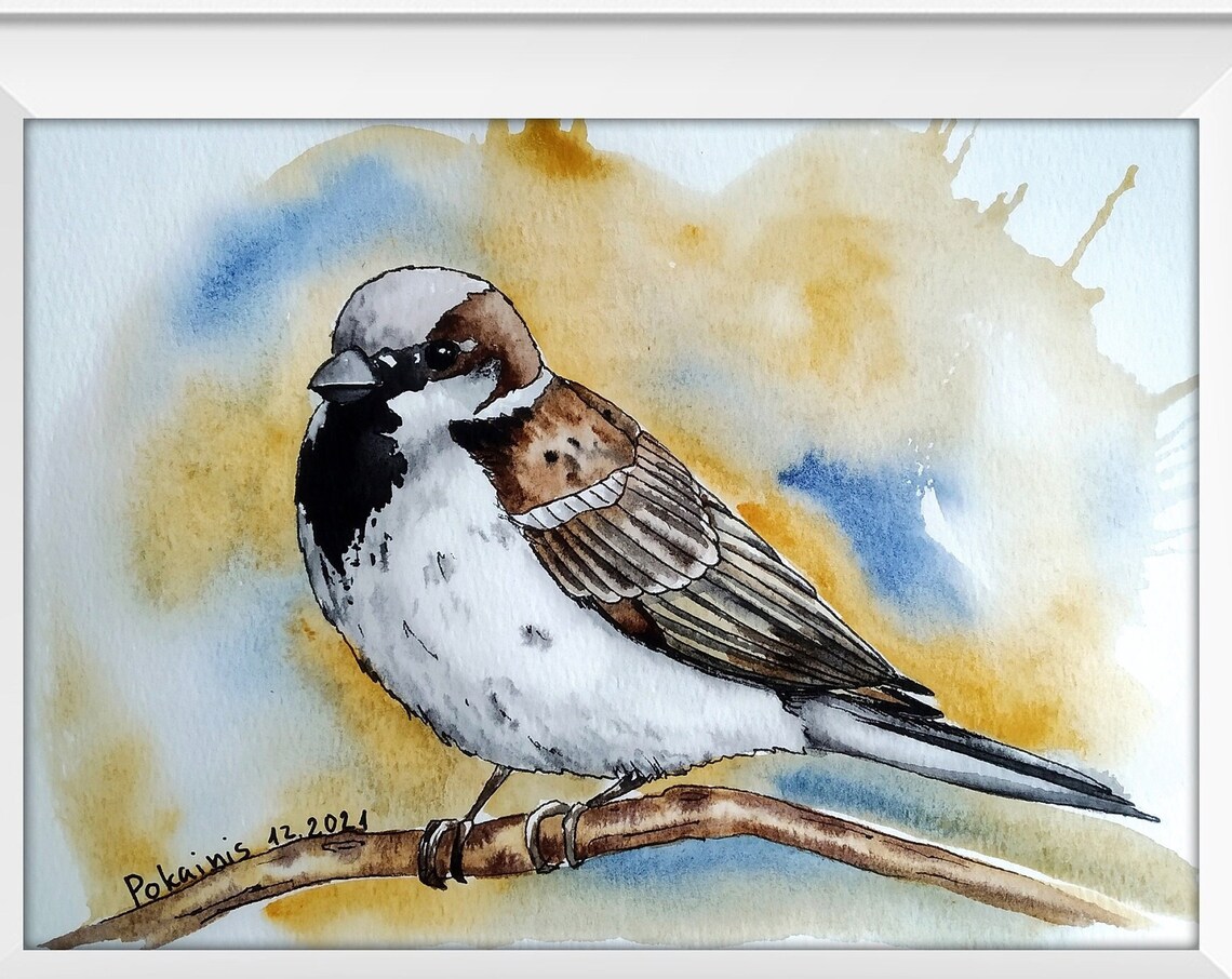 Male House Sparrow on Branch Golden Background Watercolor Poster