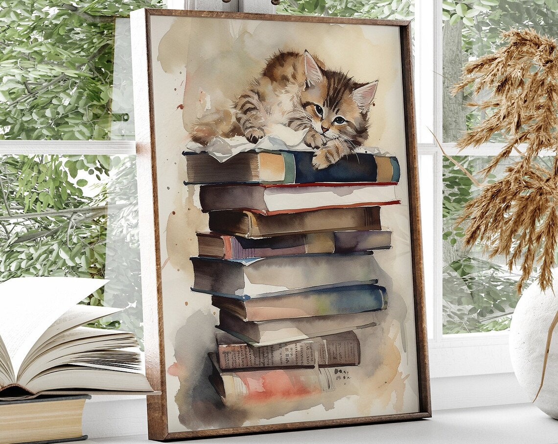 Cute Tabby Kitten Sleeping on a Stack of Books Watercolor Poster - Image 2