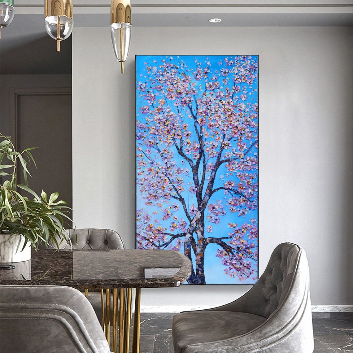 Pink Cherry Blossom Tree Impasto Oil Painting Blue Sky Wall Art - Image 4