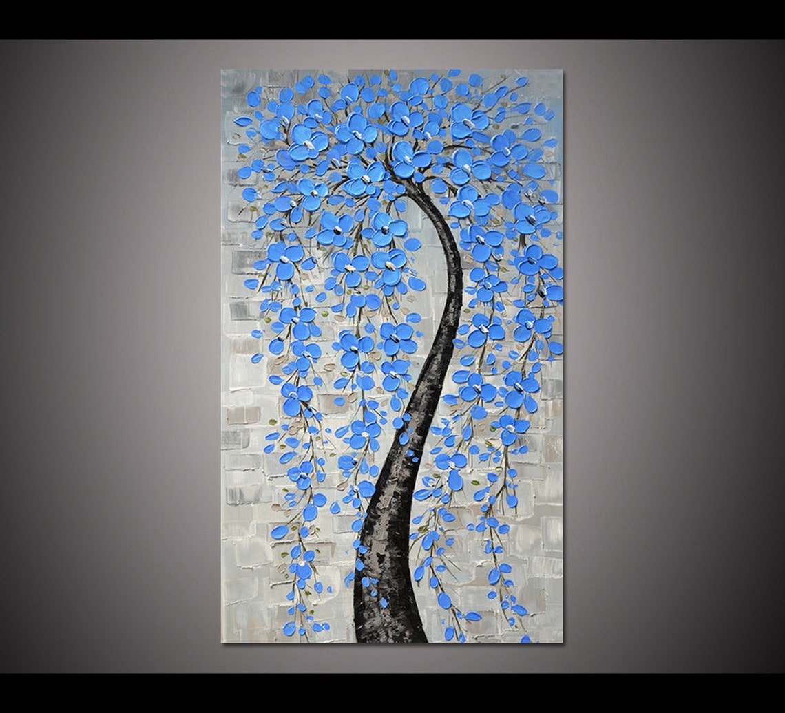 Blue Blossom Tree Cobalt Flowers Grey Impasto Vertical Poster