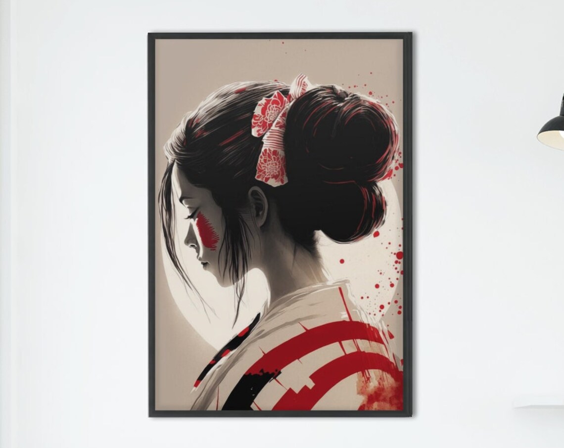 Geisha Portrait Cream Background Red Kanzashi Japanese Woman Poster - Image 2