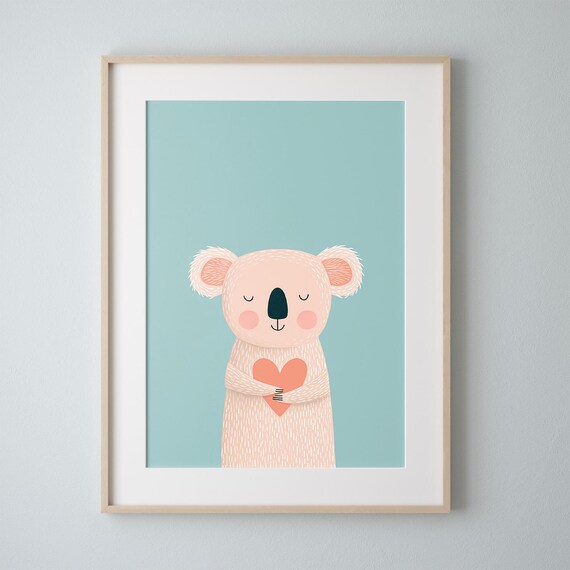 Cute Koala Holding Heart Nursery Decor Mint Baby Room Art Poster