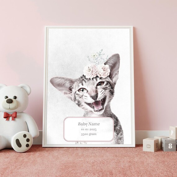 Personalized Kitten Baby Birth Stats Floral Nursery Wall Art