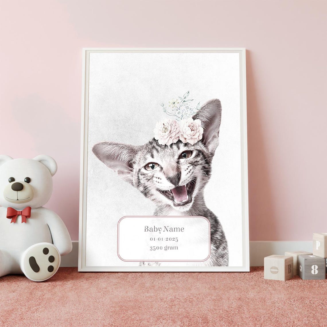 Personalized Kitten Baby Birth Stats Floral Nursery Wall Art