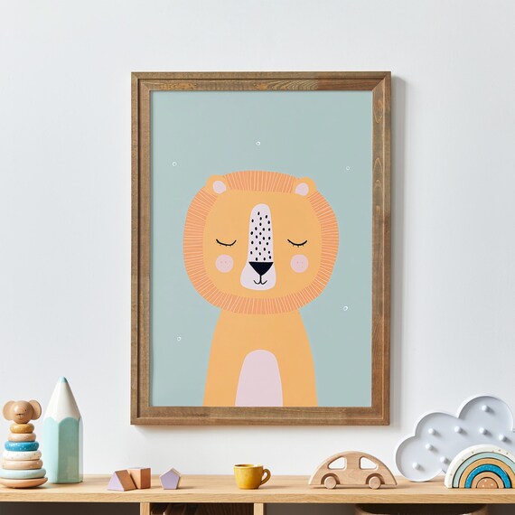 Sleeping Baby Lion Nursery Print In Soft Mint Green Pastel Colors