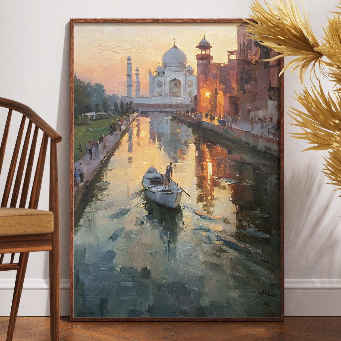 Taj Mahal Sunset Oil Painting Boatman River India Home Wall Art