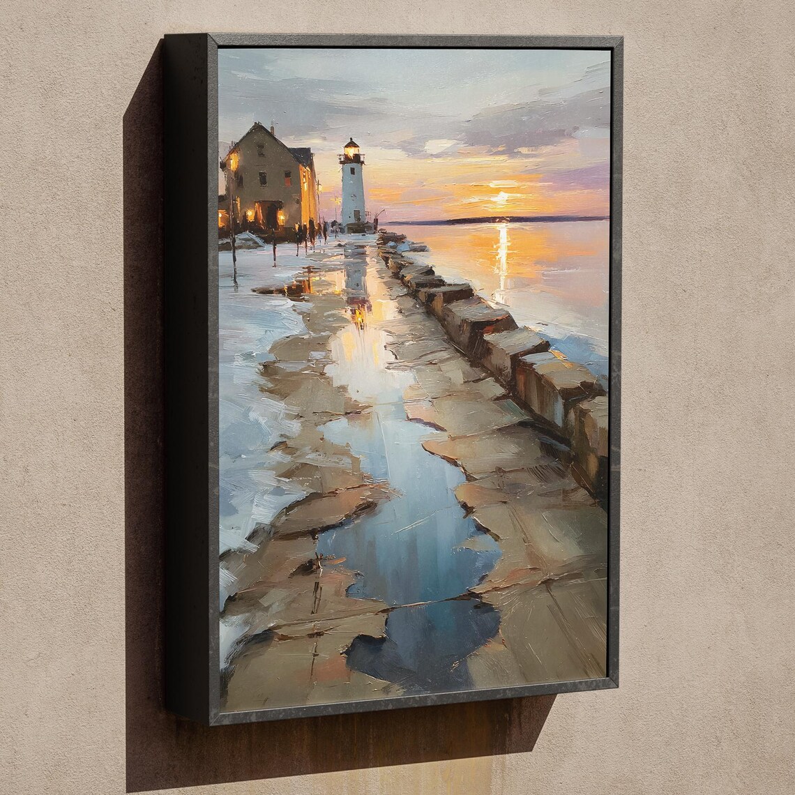 Lighthouse At Winter Sunset Icy Pier Coastal Oil Painting Poster