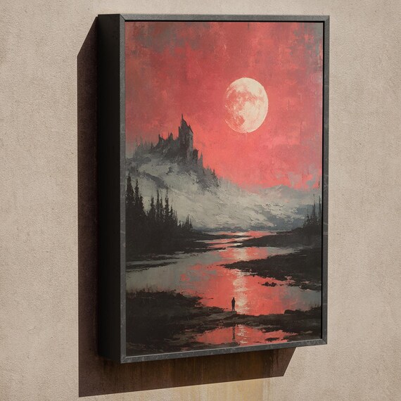 Moonlit Red Sky Gothic Castle Dark Fantasy Landscape Wall Art