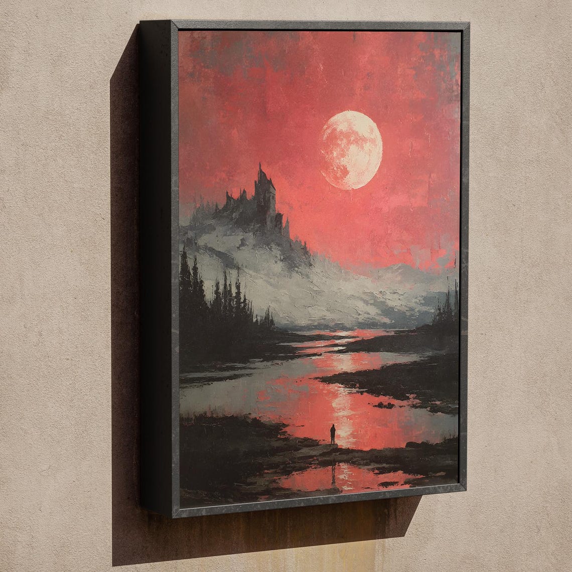 Moonlit Red Sky Gothic Castle Dark Fantasy Landscape Wall Art