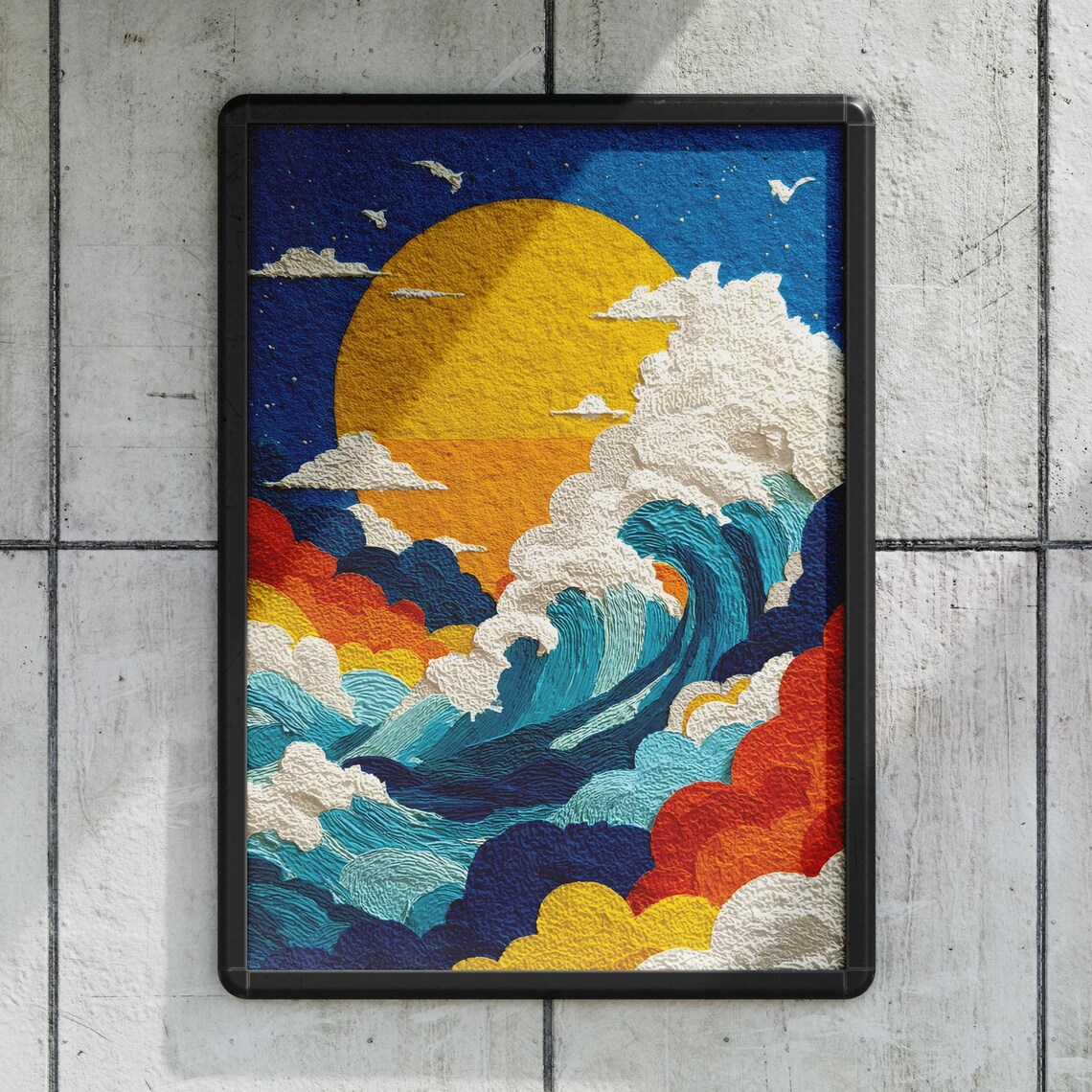 Japanese Great Wave Sunset Art Textured Ocean Print in Bold Color