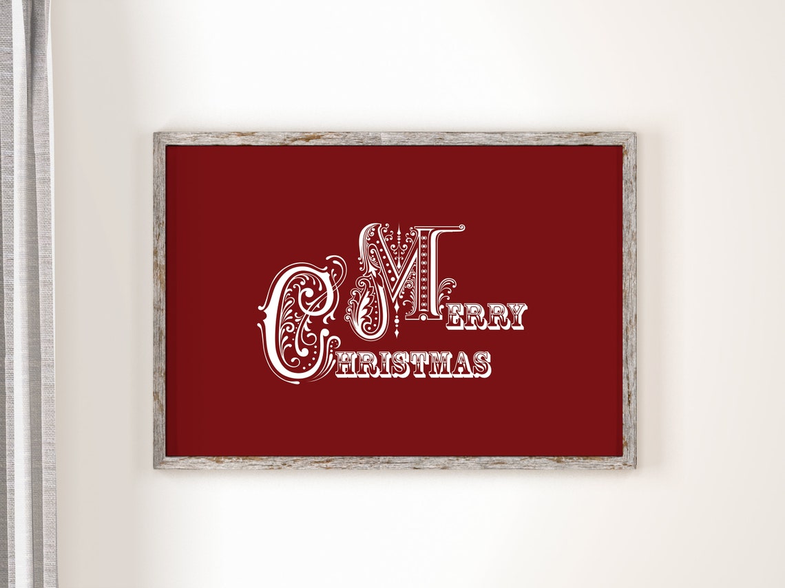 Merry Christmas Ornate Vintage Lettering Deep Red Wall Art Print - Image 2