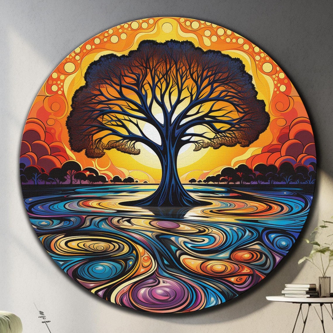 Psychedelic Tree Of Life Sunset Swirl Abstract Colorful Round Wall Art