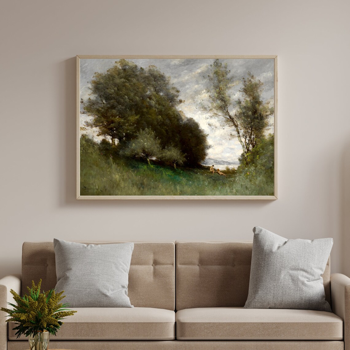 Vintage Oil Painting Tall Trees Lakeside Figures Moody Sky Art Poster - Image 2