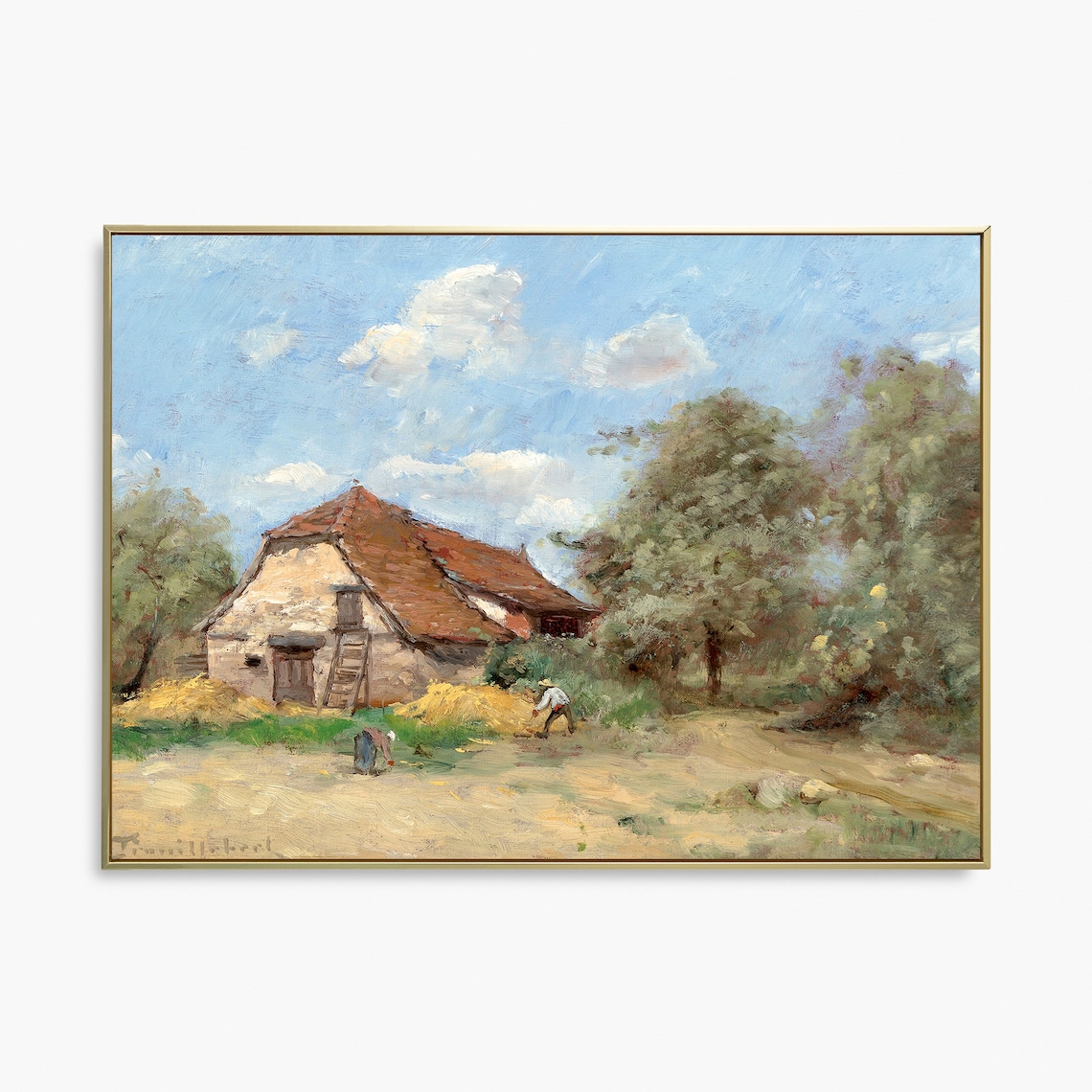 Vintage Oil Painting Stone Farmhouse Hay Harvest Blue Sky Art Poster