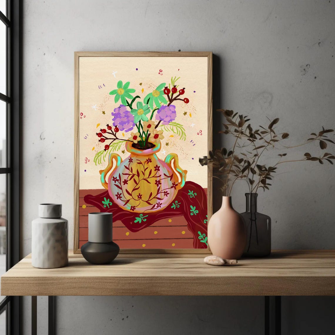 Rustic Flower Vase Still Life Cottage Kitchen Decor Art Print - Image 5
