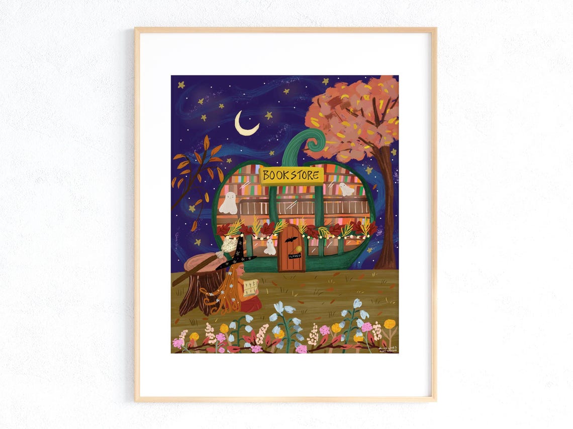 Spooky Halloween Pumpkin Bookstore Witch Night Book Nook Art Print - Image 5