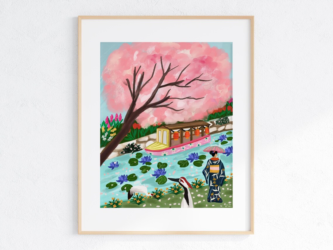 Japan Cherry Blossom Kimono Woman Pond Boat Spring Art Print