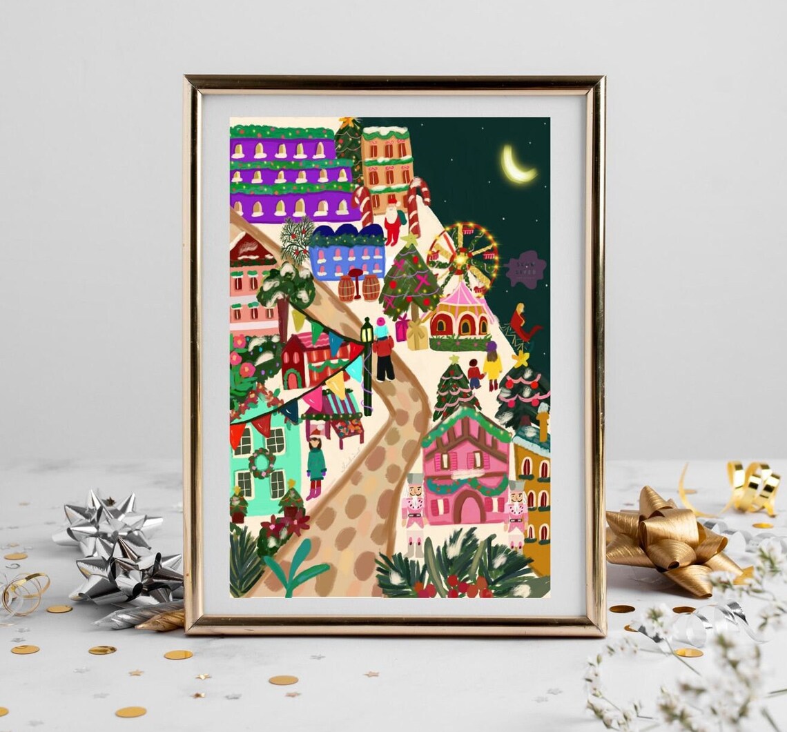 Christmas Market Night Stalls Ferris Wheel Festive Art Print