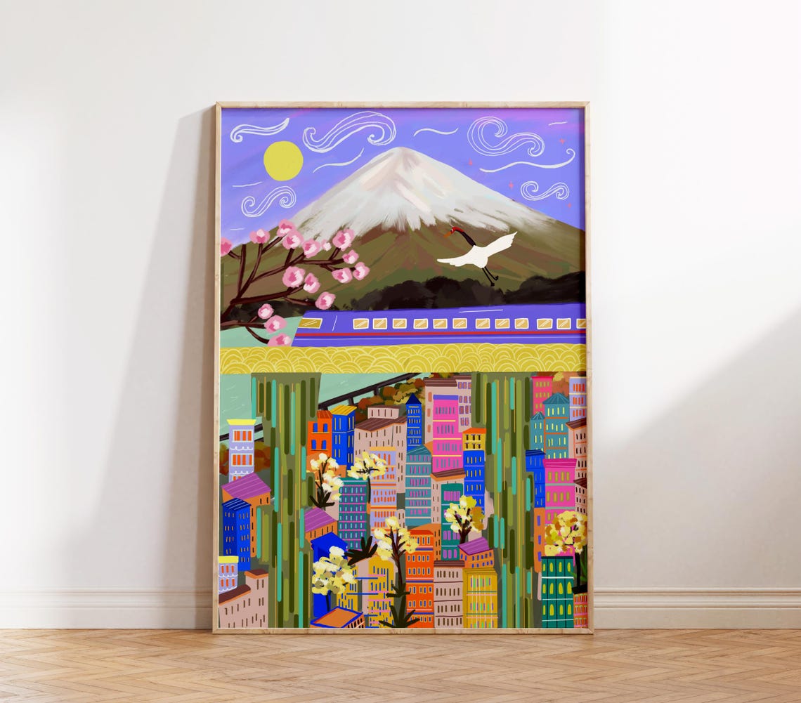 Mount Fuji Japan Travel Poster Cherry Blossom Crane Bullet Train - Image 5