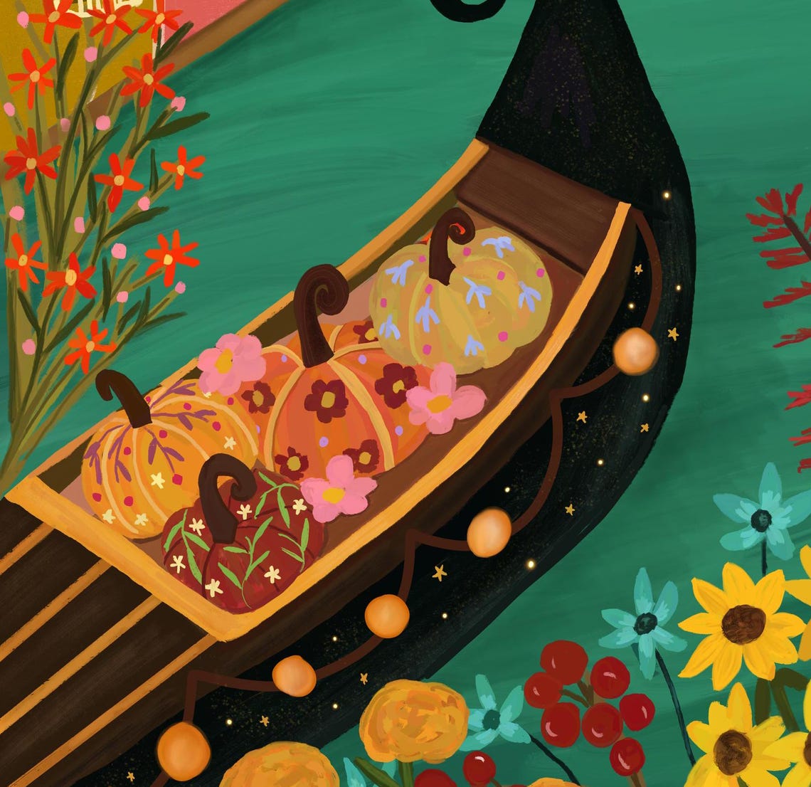 Venice Autumn Gondola Pumpkins Canal Colorful City Art Print - Image 2