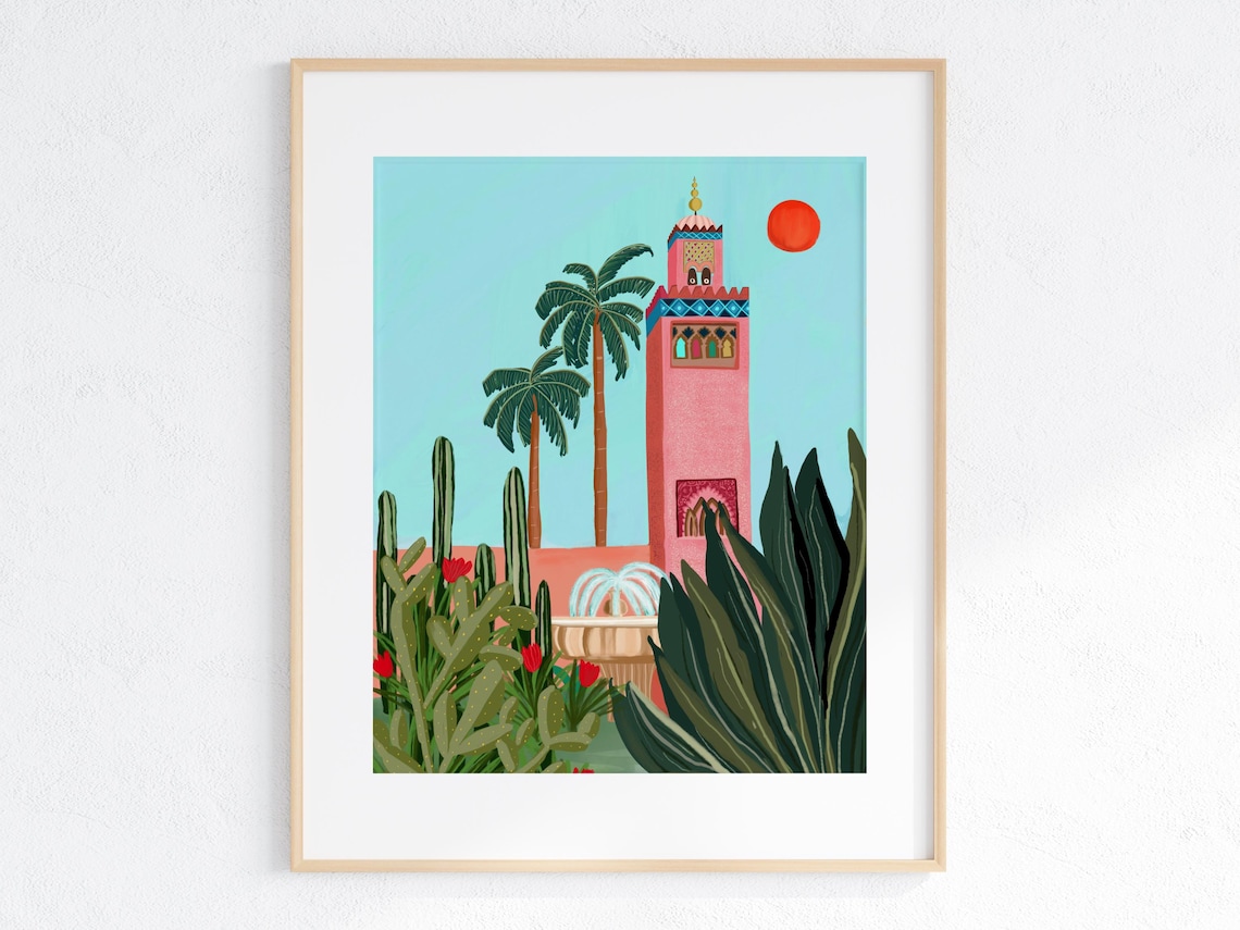 Koutoubia Mosque Marrakech Pink Minaret Palms Fountain Art Print