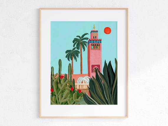 Koutobia Mosque Poster Marrakech Morocco Painting Illustrated Travel Art Unique Gift For Her Home Decor