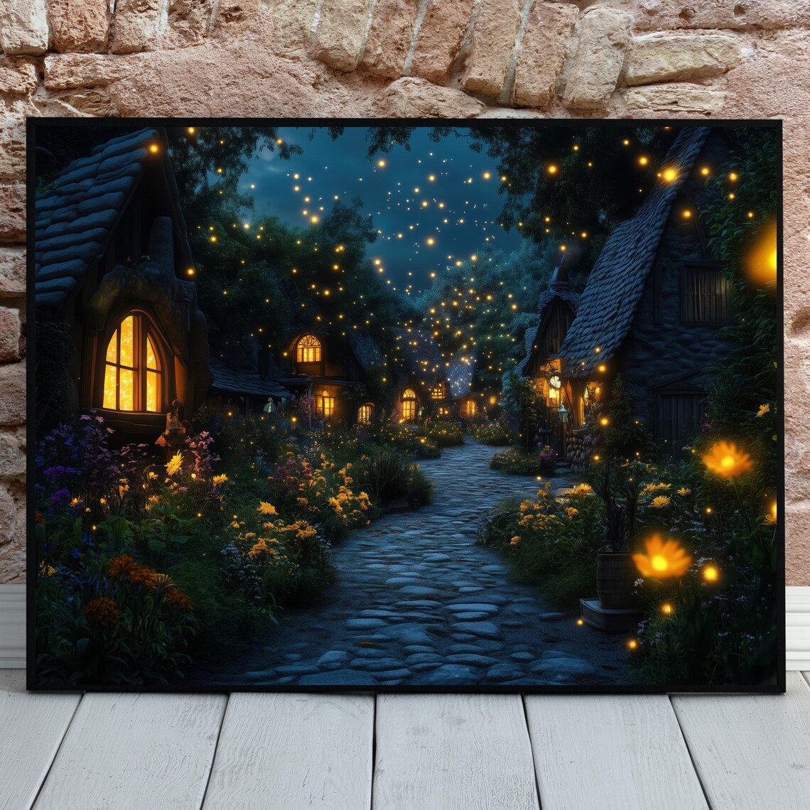 Enchanted Village Lane Night Lanterns Lights Fantasy Art Poster