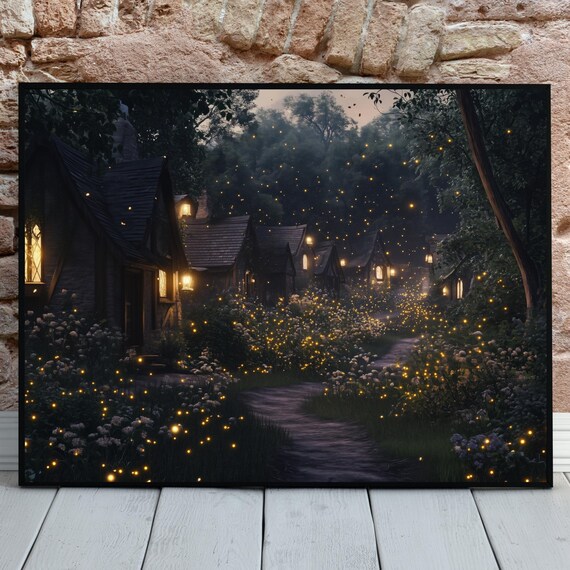 Dark Enchanted Forest Village Firefly Night Cottages Fantasy Poster