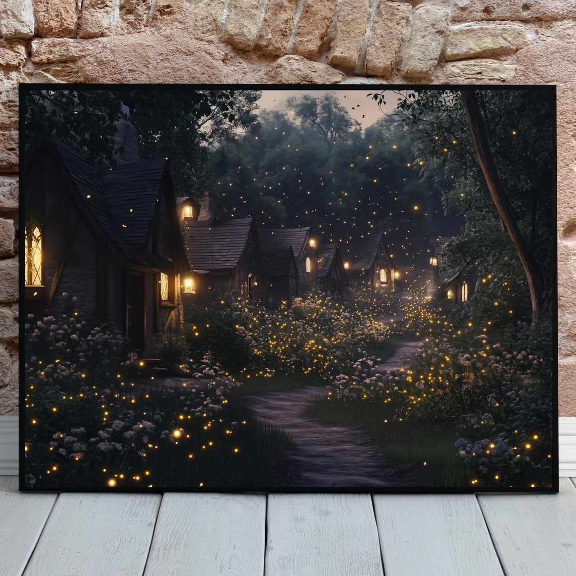 Dark Enchanted Forest Village Firefly Night Cottages Fantasy Poster