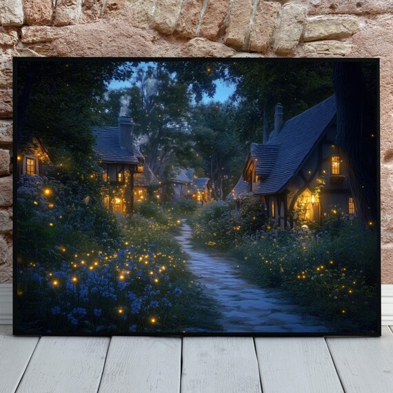 Twilight Forest Cottage Village Firefly Path Magical Night Poster