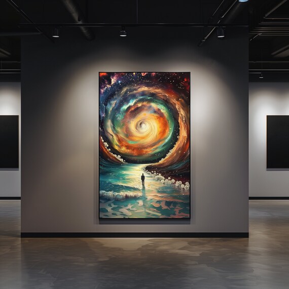 Surreal Cosmic Vortex Galaxy Swirl Above Glowing Ocean Waves Poster