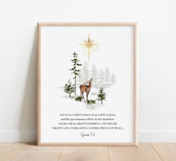 Isaiah 96 For To Us A Child Is Born Christian Christmas Decor Holiday Bible Verse Wall Art Scripture Print Evergreen Tree Deer