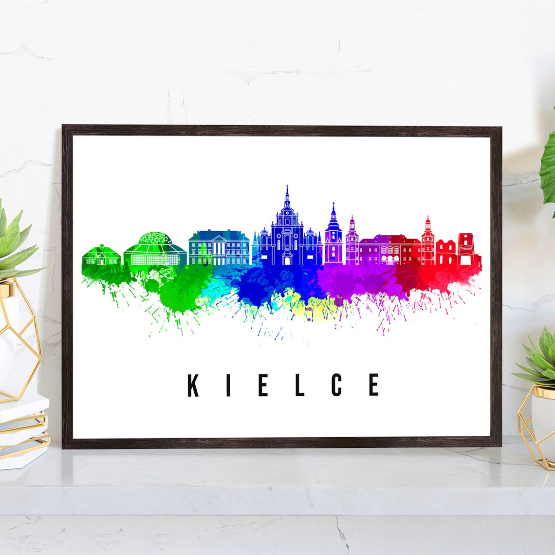 Kielce Poland Basilica Towers Watercolor City Skyline Poster