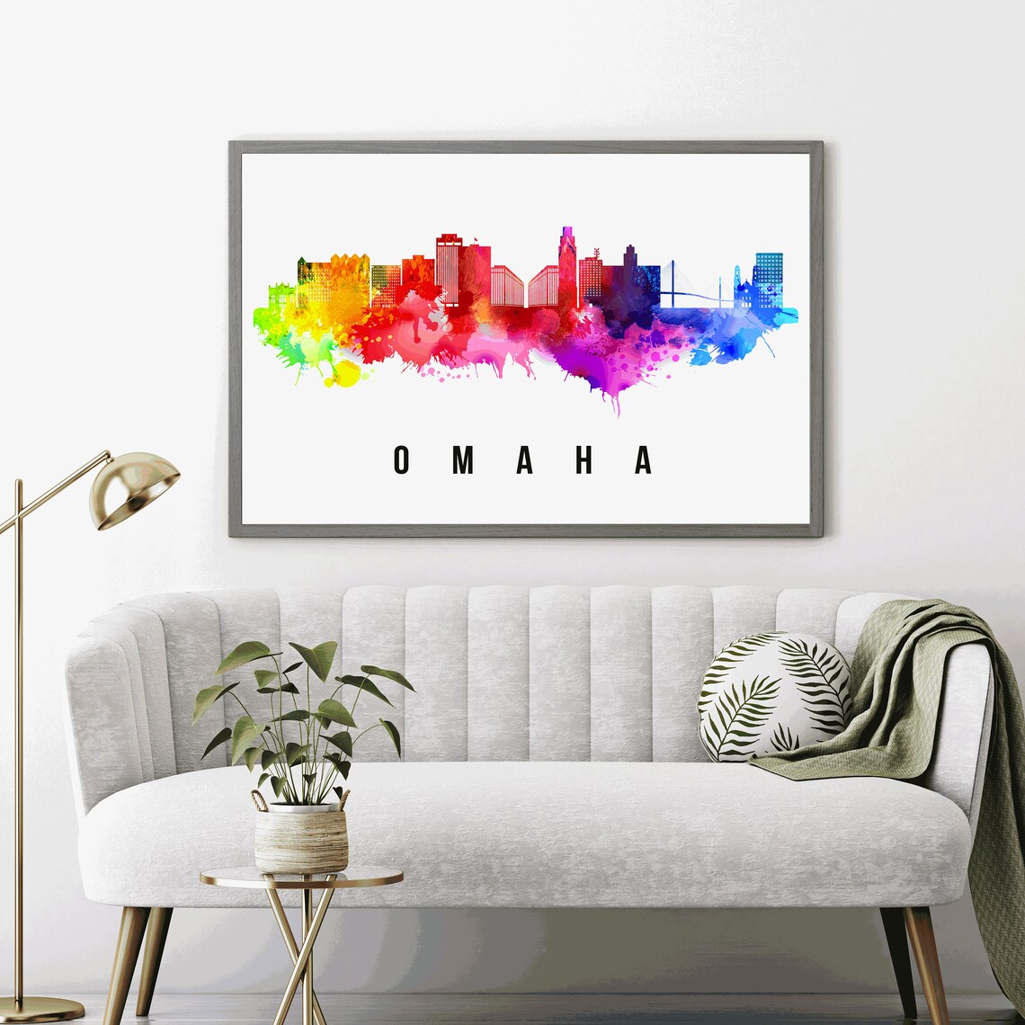 Omaha Nebraska Rainbow Watercolor Skyline Cityscape Travel Poster - Image 3