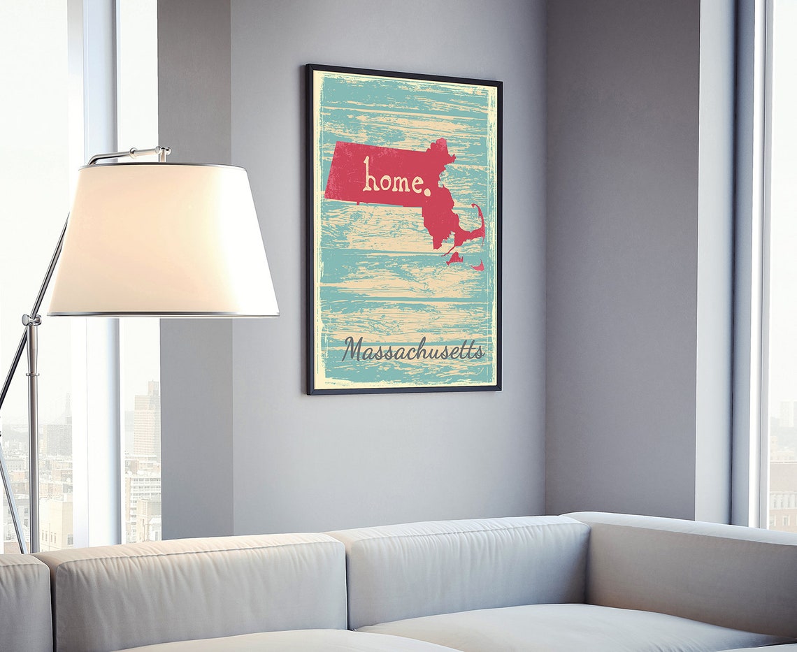Massachusetts Home Red State Silhouette Retro Teal Map Print Wall Art - Image 4