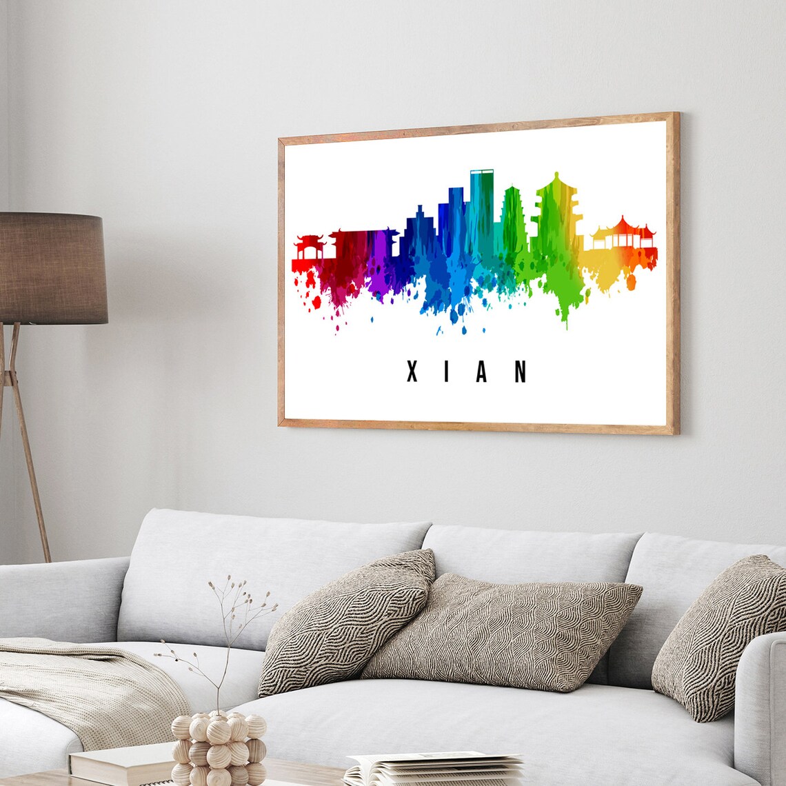 Xian China Pagoda Towers Rainbow Watercolor Skyline Travel Poster - Image 3