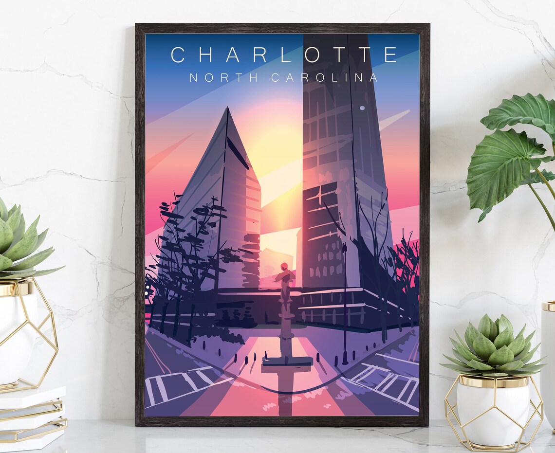 Charlotte North Carolina Downtown Sunset Retro Travel Wall Art Poster