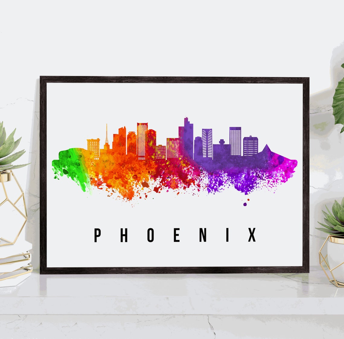 Phoenix Arizona Rainbow Watercolor Skyline Desert Cityscape Poster