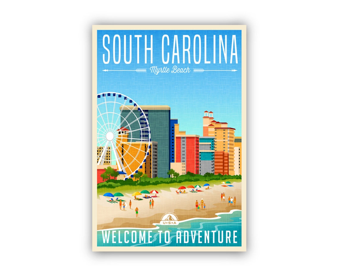 South Carolina Myrtle Beach Ferris Wheel Vintage Travel Poster - Image 2