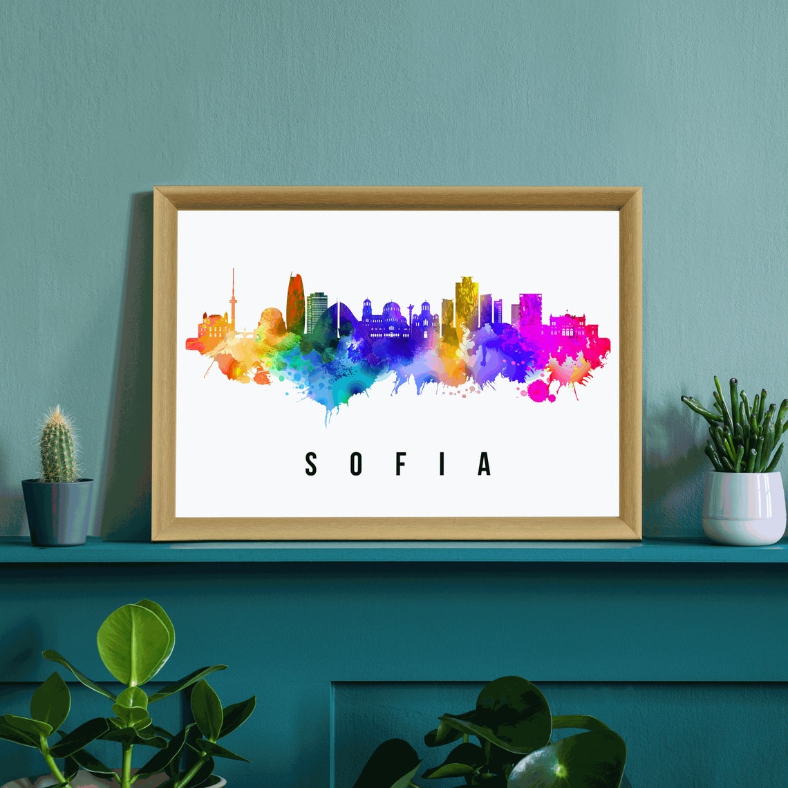 Sofia Bulgaria Rainbow Watercolor Cathedral Skyline Silhouette Poster - Image 3