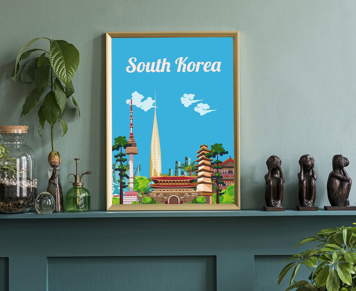South Korea Travel Poster Seoul Tower Palaces Flat Illustration Art - Image 3