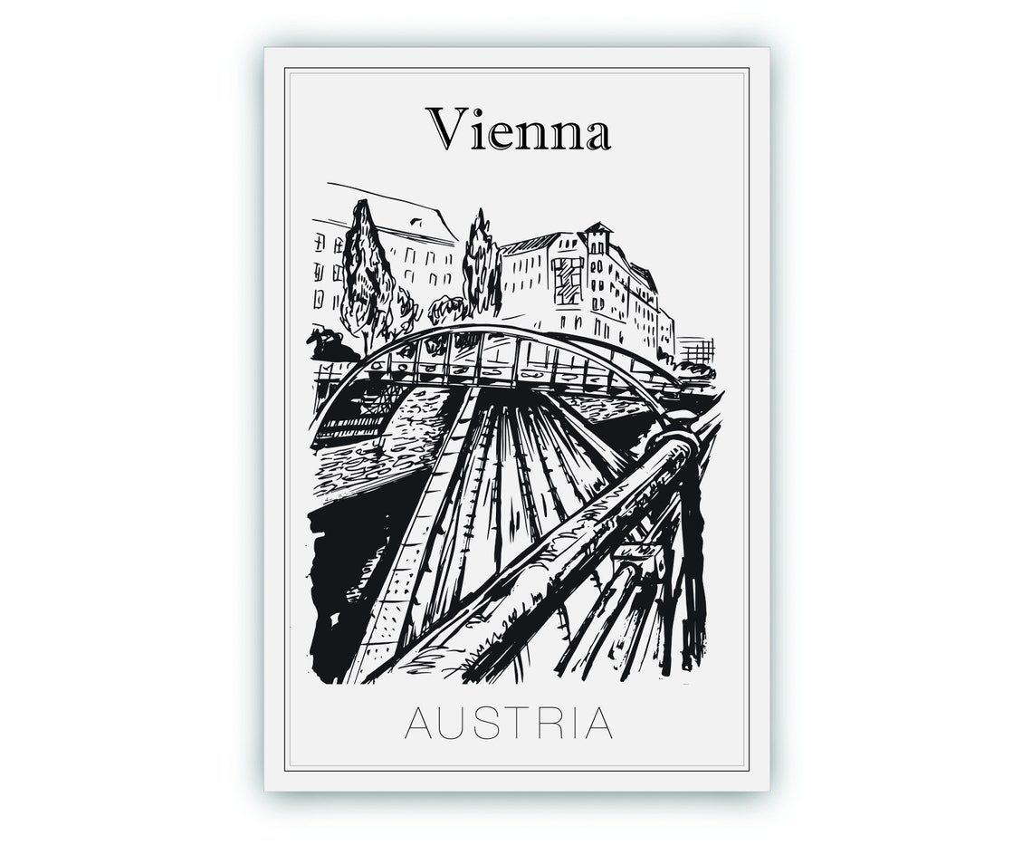 Vienna Austria Arched Canal Bridge Hand Drawn Line Art Travel Poster - Image 2
