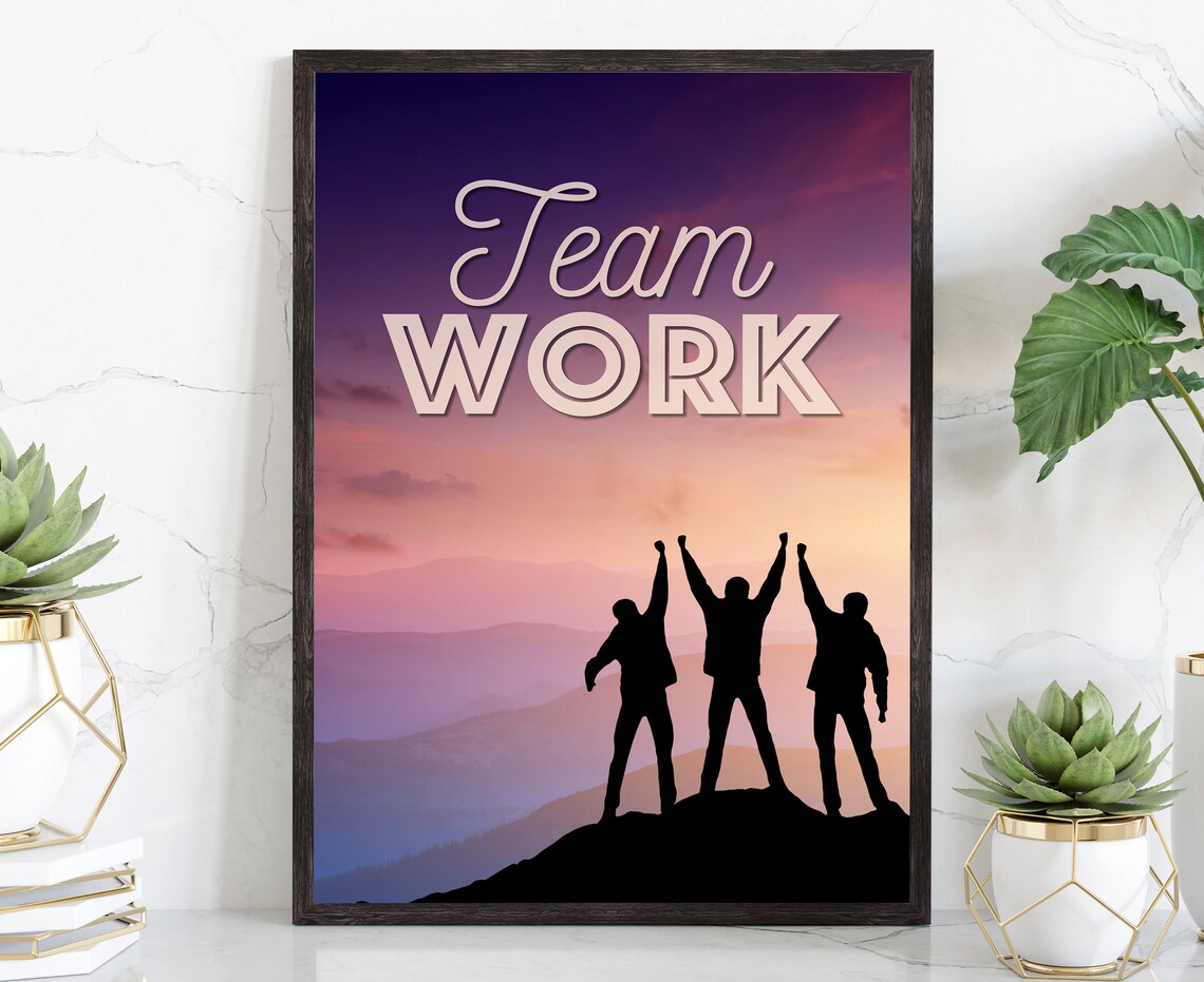 Team Work Sunset Summit Silhouette Hikers Quote Motivational Poster