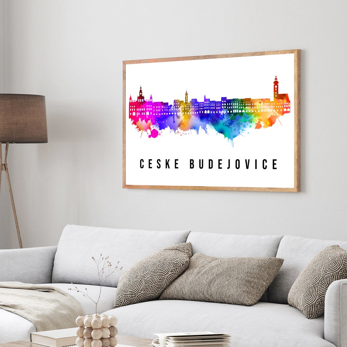 Ceske Budejovice Czechia Rainbow Watercolor Skyline Travel Poster - Image 4