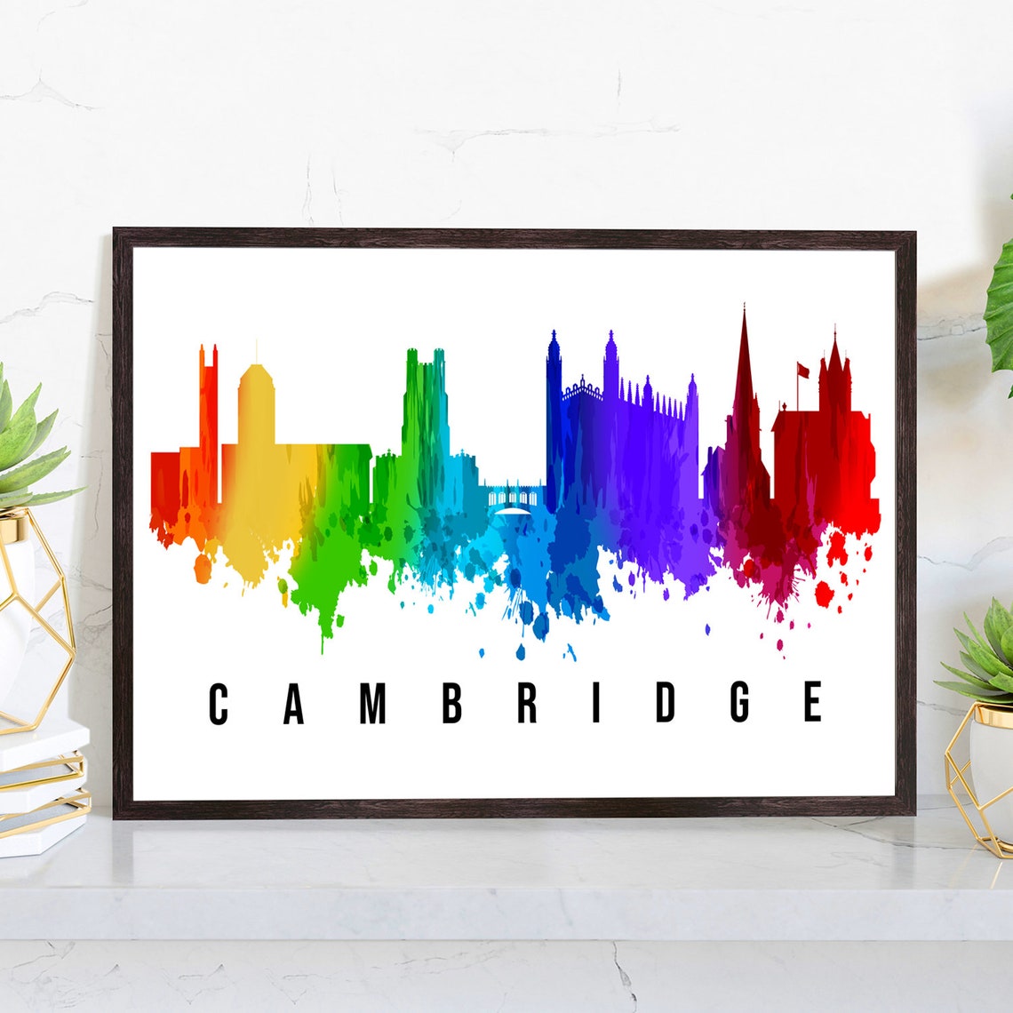 Cambridge England Rainbow Watercolor Skyline College Spires Art Poster
