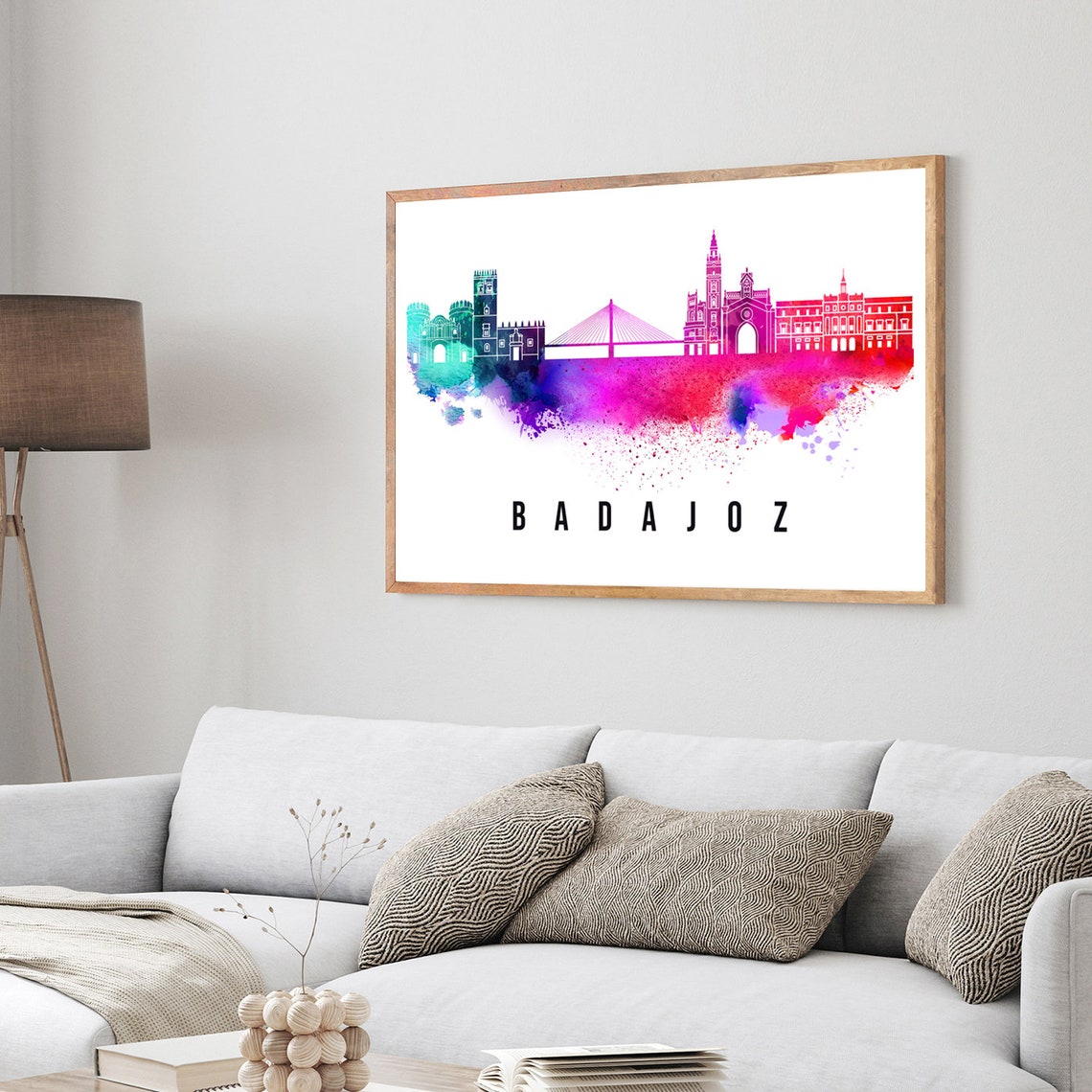 Badajoz Spain Rainbow Watercolor Skyline Cable Bridge Cityscape Poster - Image 3