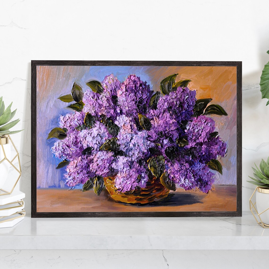 Purple Lilacs Bouquet Golden Vase Oil Painting Floral Wall Art