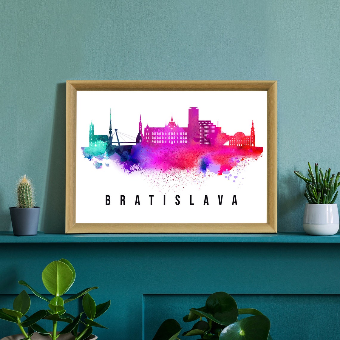 Bratislava Slovakia Watercolor Magenta Skyline Apollo Bridge Poster - Image 2