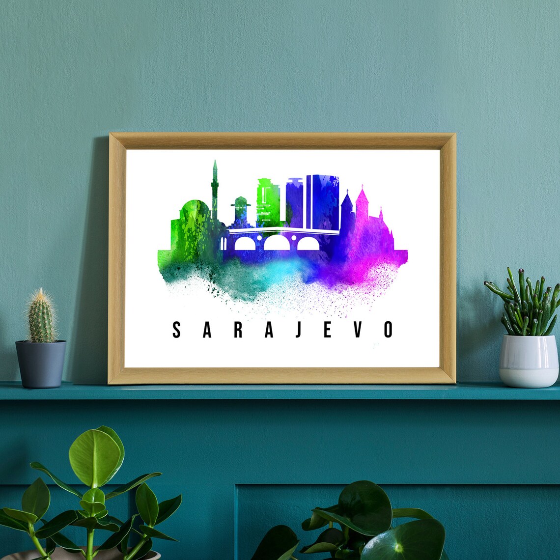 Sarajevo Bosnia Watercolor Skyline Rainbow Landmark Travel Wall Poster - Image 2